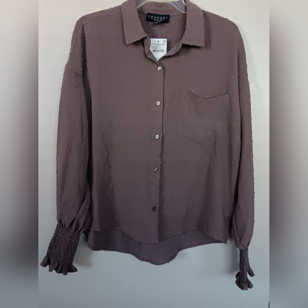 Laundry By Shelli Segal  Button-Front Textured Smocket Wrist Mocha Color S NWT